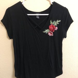 Embroidered Rose Front Cross T-shirt